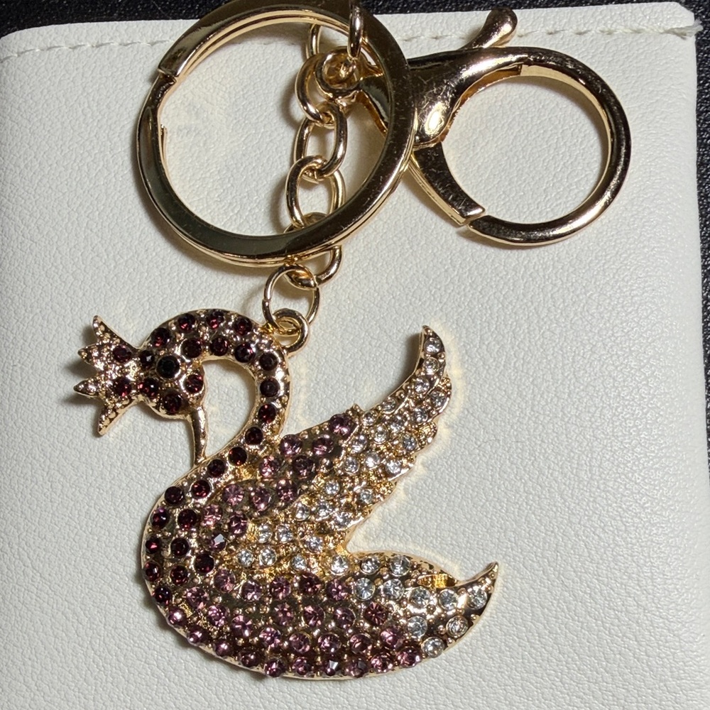 Gold Swan Crystal Keychain - Pink and Clear Accent